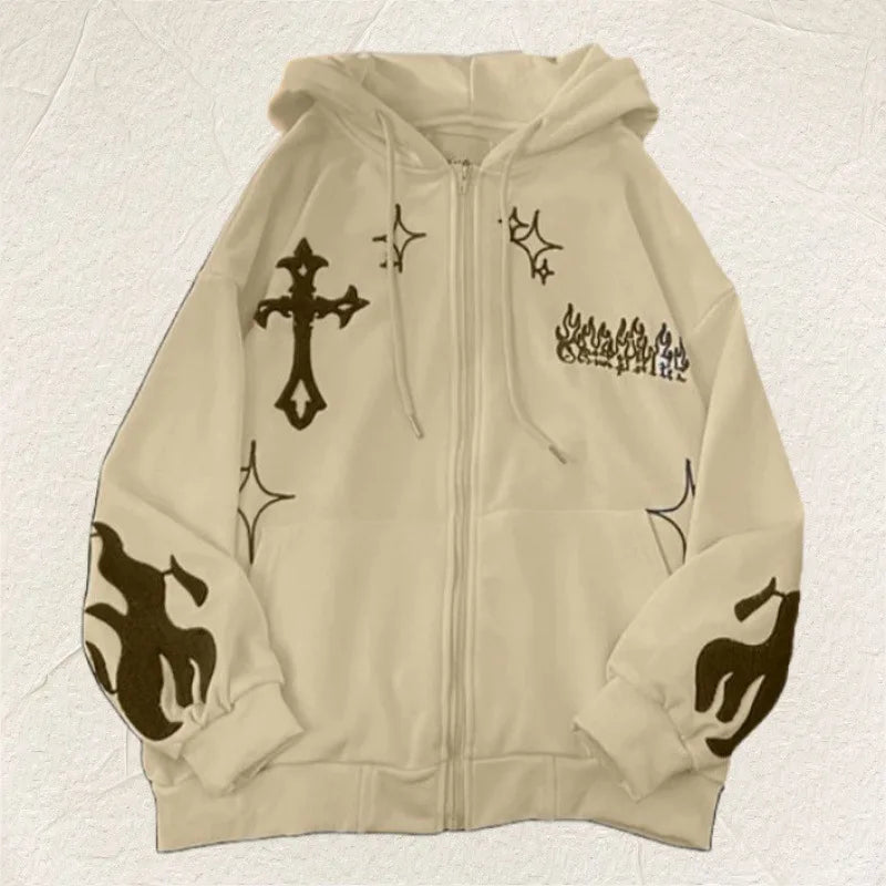 2023 European and American Autumn/Winter Hoodie Embroidered Cross Flame Coat Plush Couple Loose Top Sweater