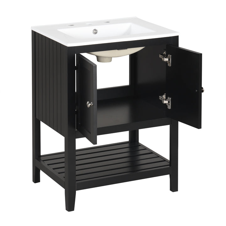 24 inch Modern Black Bathroom Cabinet With Ceramic Sink & Solid Wood Frame