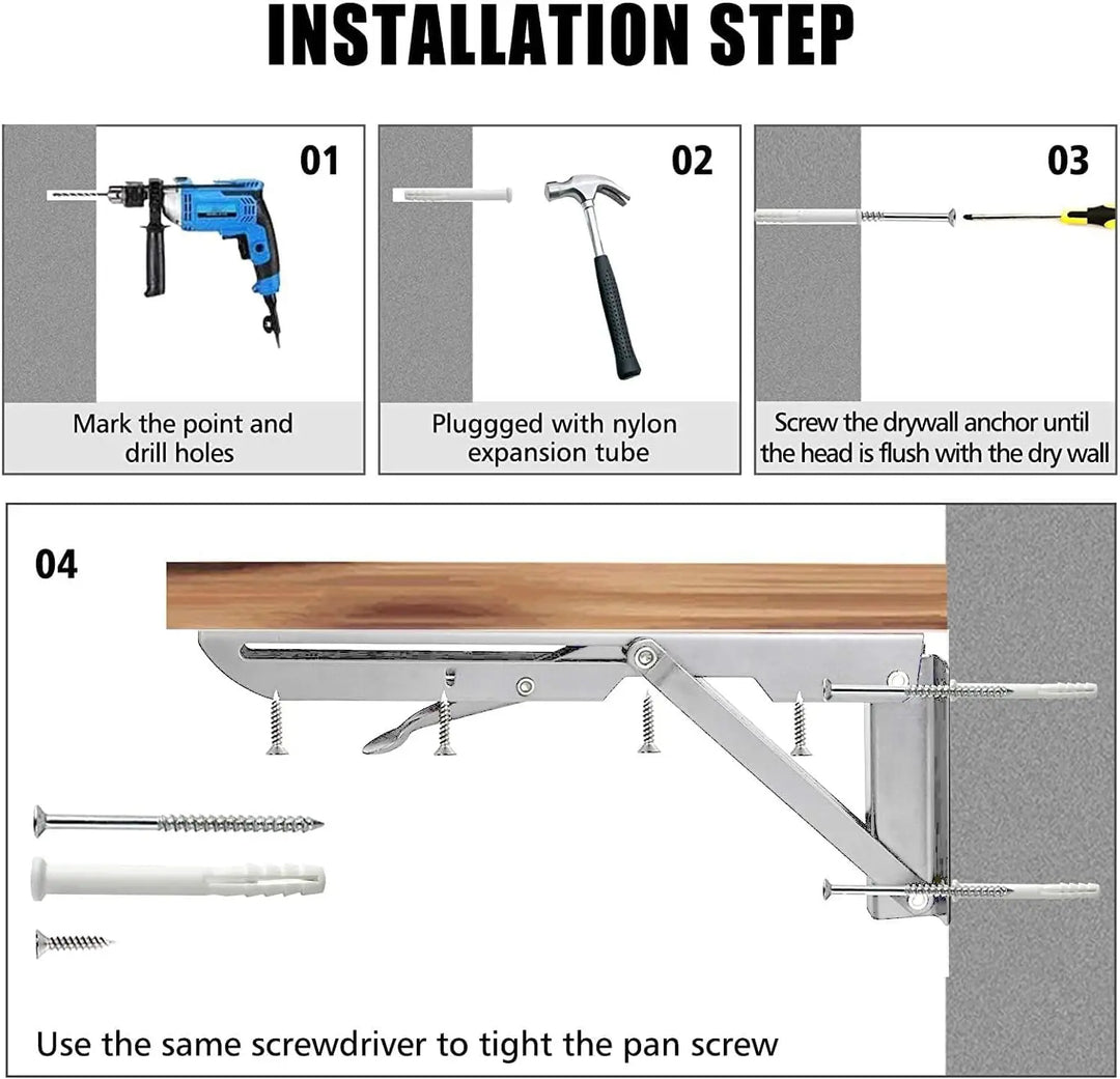 2pc Folding Shelf Brackets Heavy Duty Stainless Steel DIY Wall Mounted Collapsible Furniture Space Saving for Garage Workstation