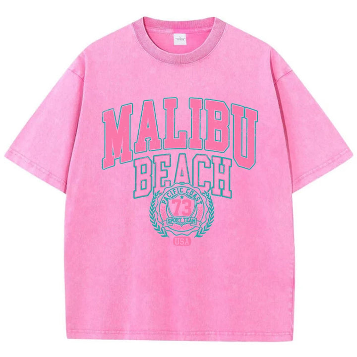 Malibu Beach Washed T-Shirt Women Letter Printing Cotton T Shirt Comfortable Crewneck Tops Casual Oversized Tees Female Clothes