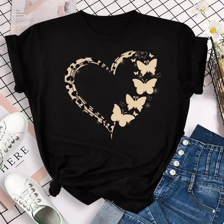 Women's Colorful Butterfly Petal Print T-Shirt, Short Sleeve, Round Neck, Cute Graphic Tee Shirts, Female Tops Clothes