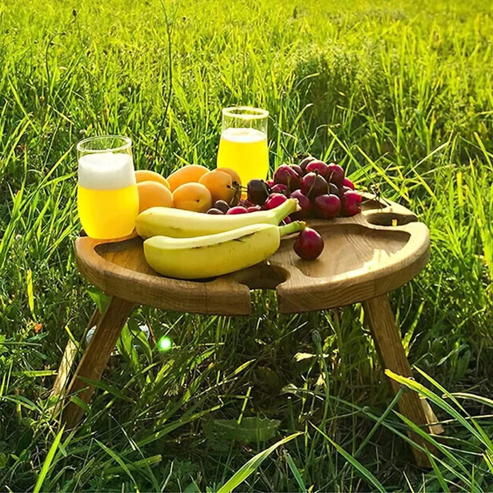 Wooden Folding Picnic Table Outdoor Camp Round Foldable Desk Wine Glass Rack Portable Leisure Time Snack Table Nut Fruit Plate