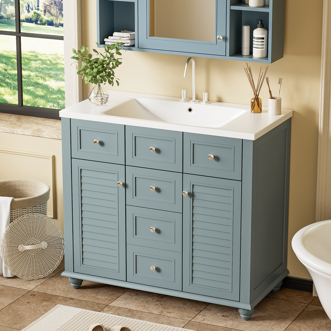 36 "bathroom makeup cabinet with resin sink combination and 2 drawers, with soft closing door, blue color