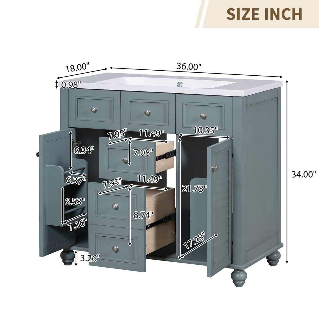 36 "bathroom makeup cabinet with resin sink combination and 2 drawers, with soft closing door, blue color