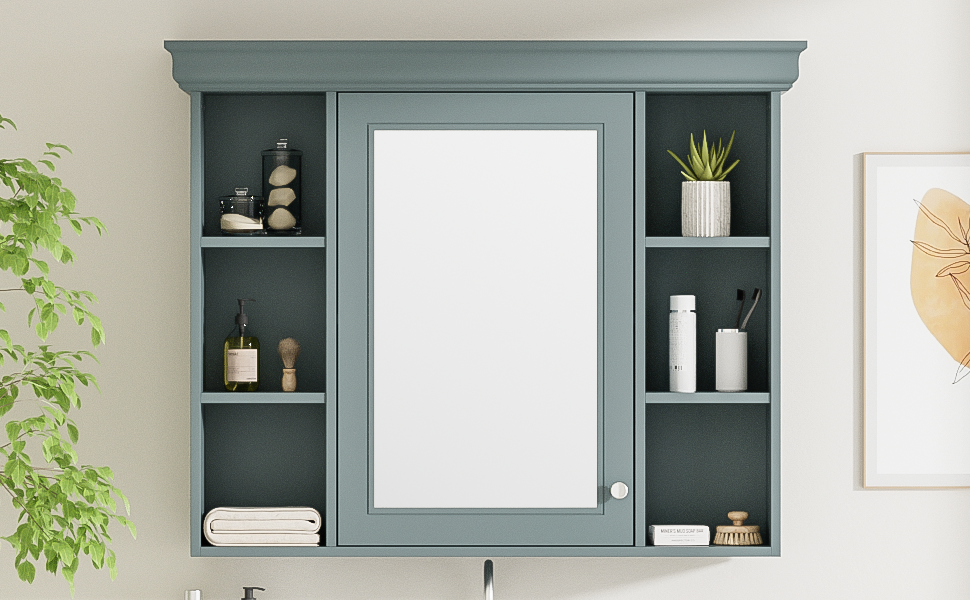 35 ''x 28' 'blue wall mounted bathroom storage cabinet with mirror door and medication cabinet with 6 open shelves