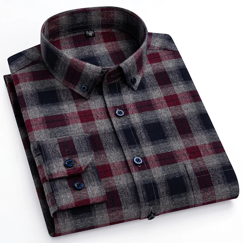 S~7Xl Large Size Men's Classic Brushed Plaid Long-Sleeved Shirt High-Quality Pure Cotton Casual All-Match Shirt Men's Clothing