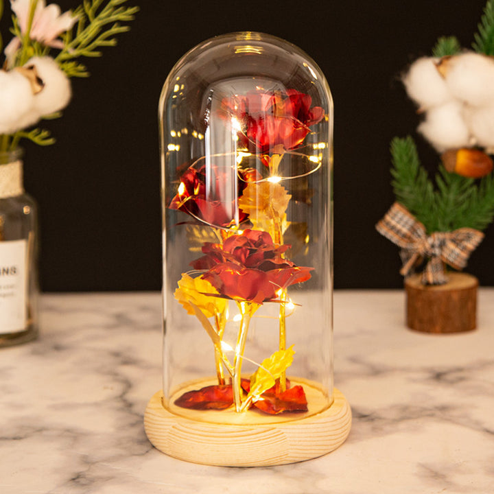 Valentine's Mother's Day Gift: Three Glass Cover Gold Foil Roses Ornament, Eternal Flower LED Night Light