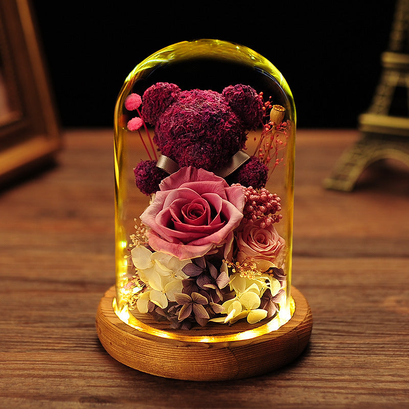 Valentine's Day Gift Everlasting Flower Bear Moss Glass Cover Finished Gift Box for Girlfriend Birthday Ornament Dried Flowers Roses