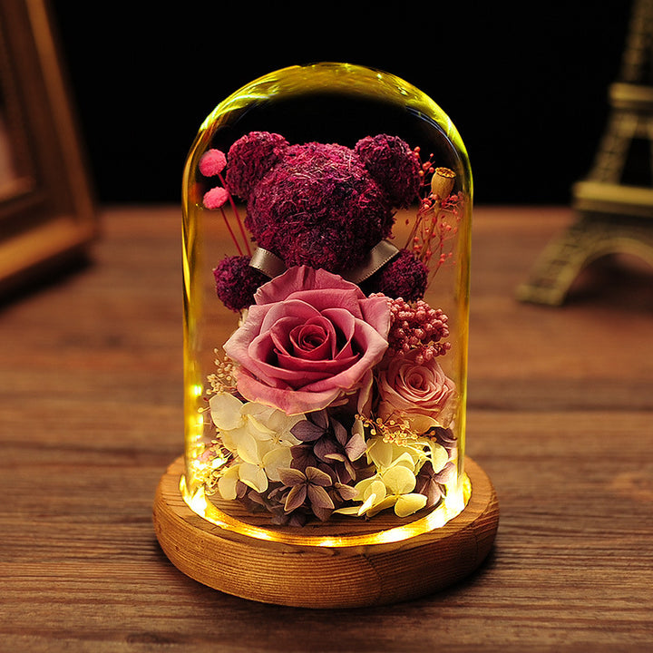 Valentine's Day Gift Everlasting Flower Bear Moss Glass Cover Finished Gift Box for Girlfriend Birthday Ornament Dried Flowers Roses