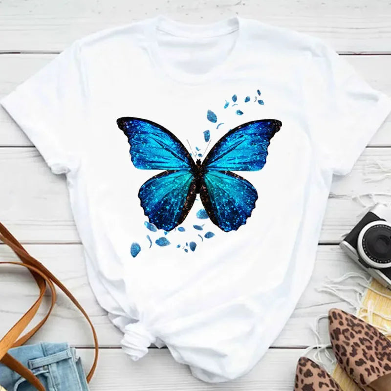 Women's Colorful Butterfly Petal Print T-Shirt, Short Sleeve, Round Neck, Cute Graphic Tee Shirts, Female Tops Clothes