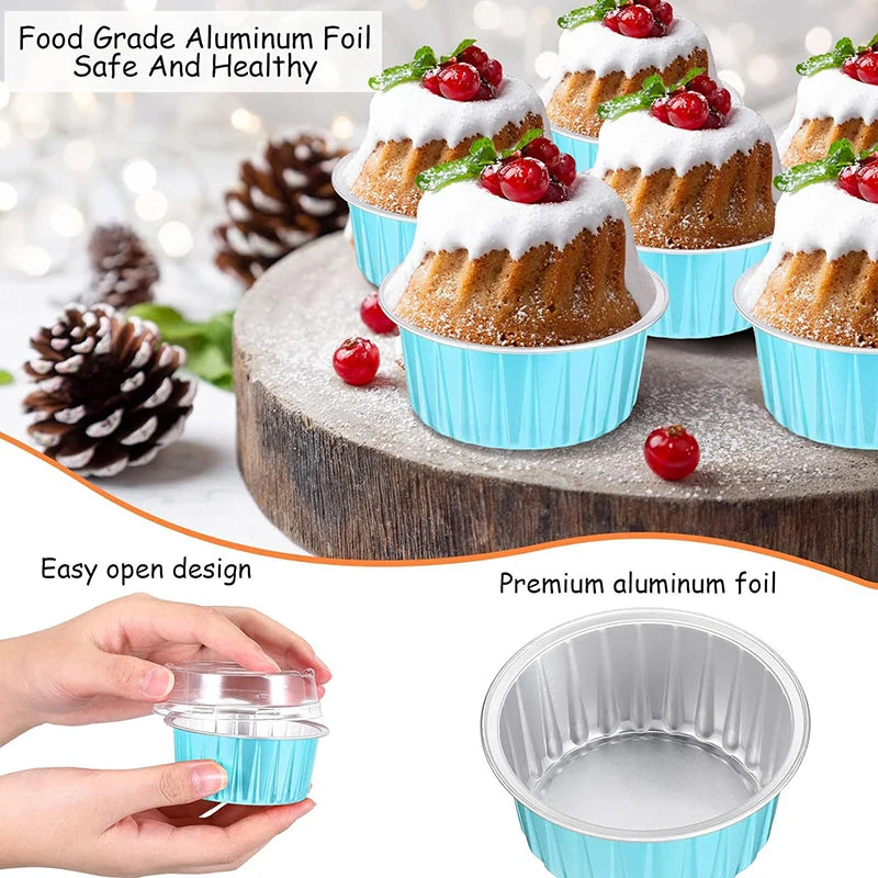 50Pcs Disposable Mini Baking Cups Aluminium Foil Cake Pans With Lids Spoons Heat Resistant Muffin Cake Cup For Gatherings Party