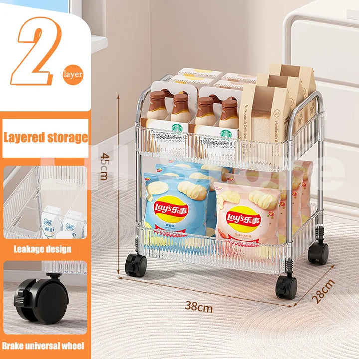 Transparent Storage Rack Trolley Transparent Acrylic Rolling Cart with Hanging Basket Bathroom Acrylic Makeup Bookshelf