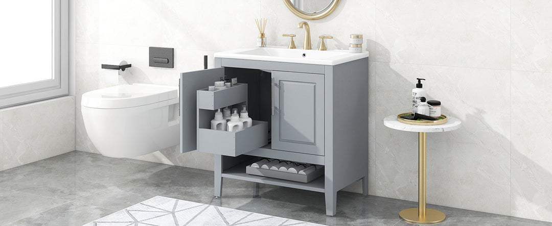 30" Bathroom Vanity with Sink, Multi-functional Bathroom Cabinet with Doors and Drawers, Solid Frame and MDF Board, Grey