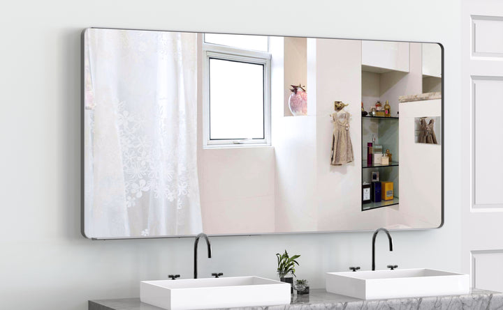 Large bathroom mirror with movable tray wall mounted mirror, vertically and horizontally suspended aluminum frame wall mounted m