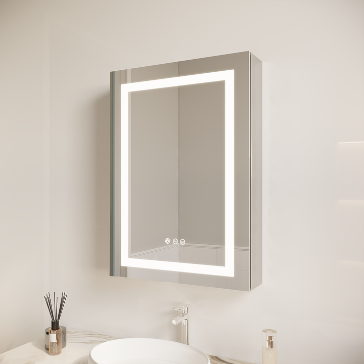 26x20 inch Bathroom Medicine Cabinet with LED Mirror, Anti-Fog, Waterproof3000K~6000K Single Door Lighted Bathroom Cabinet with Touch SwichDimmable Recessed or Surface Mount (Right Door)