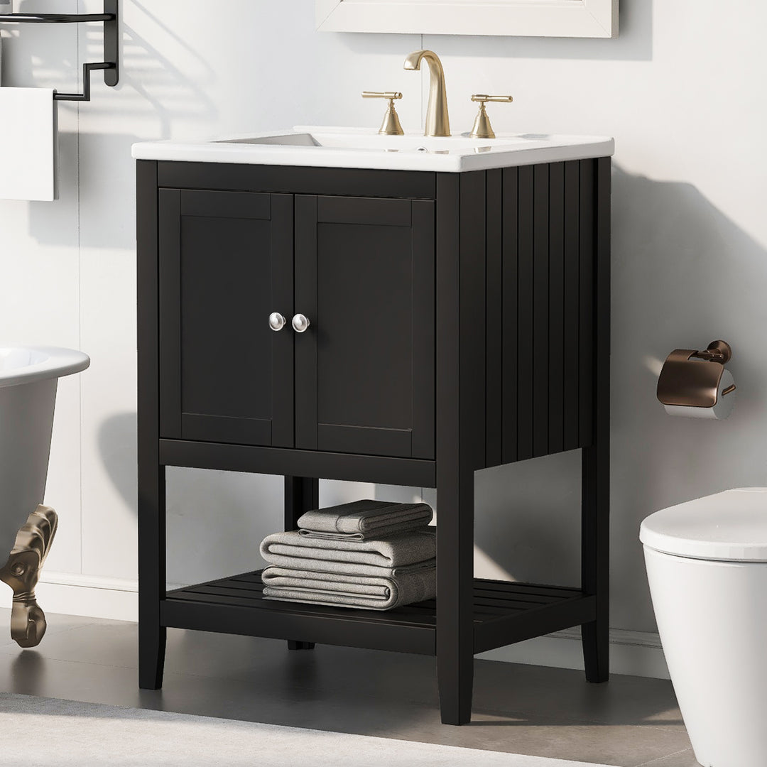 24 inch Modern Black Bathroom Cabinet With Ceramic Sink & Solid Wood Frame