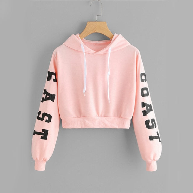 Sudadera con capucha corta con cordón de color rosa para mujer