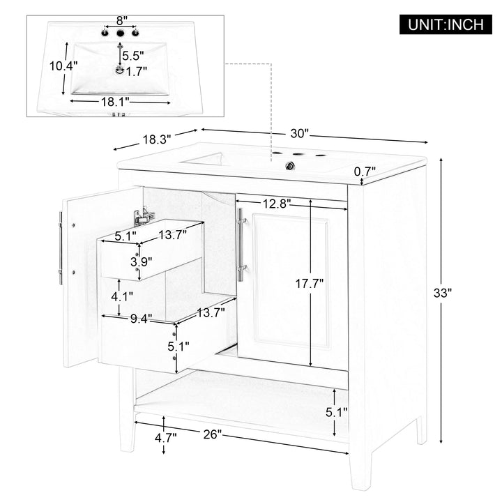 30" Bathroom Vanity with Sink, Multi-functional Bathroom Cabinet with Doors and Drawers, Solid Frame and MDF Board, Grey