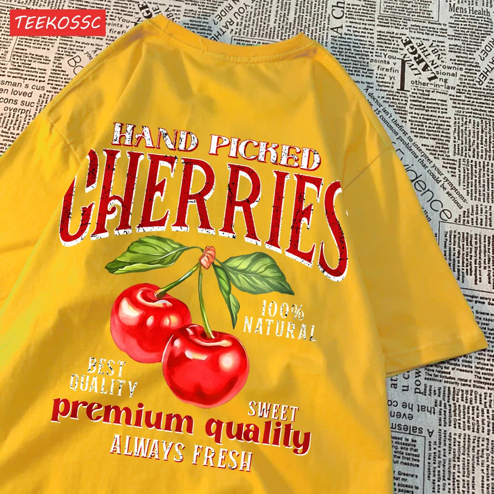 Fashion Cotton Women'S T-Shirts Hand Picked Cherries Printing Tops Oversize Crewneck Soft Short Sleeve Street Female Clothes