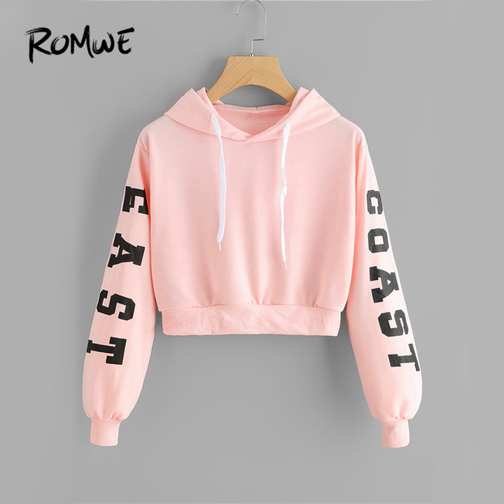 Sudadera con capucha corta con cordón de color rosa para mujer