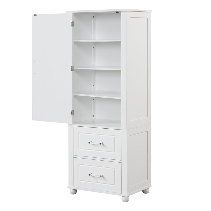 Tall bathroom storage cabinet with two drawers and adjustable shelves for independent storage