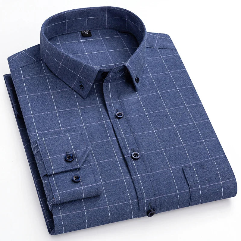 S~7Xl Large Size Men's Classic Brushed Plaid Long-Sleeved Shirt High-Quality Pure Cotton Casual All-Match Shirt Men's Clothing