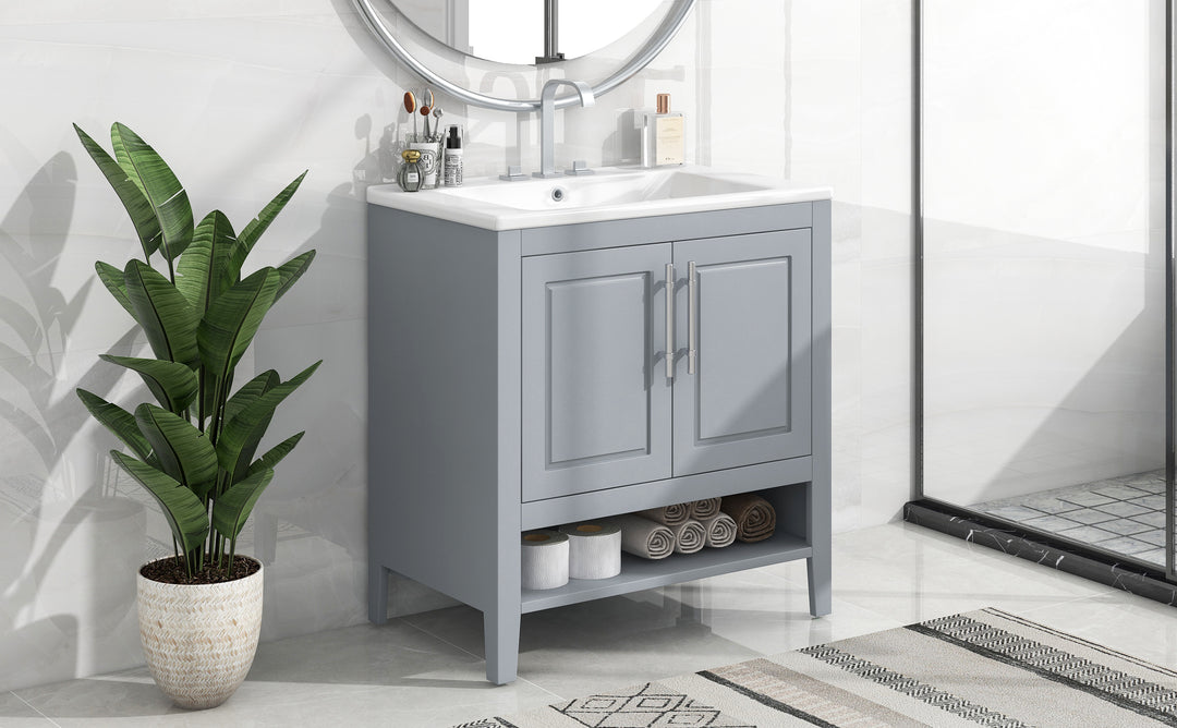 30" Bathroom Vanity with Sink, Multi-functional Bathroom Cabinet with Doors and Drawers, Solid Frame and MDF Board, Grey