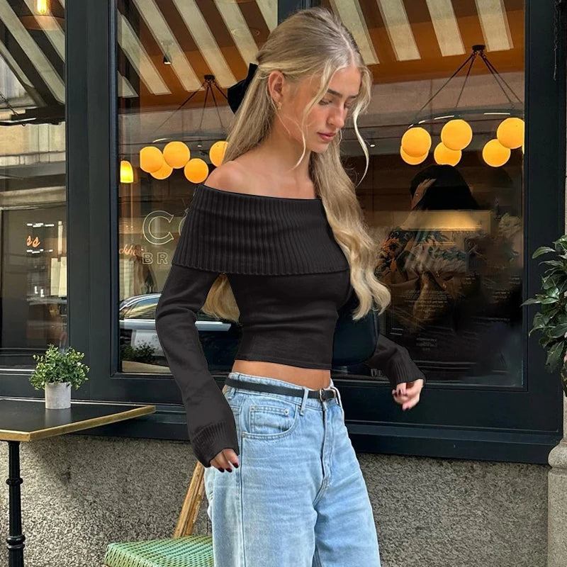 WhereMery Elegant Slash-neck Ribbed Solid Crop Tops Autumn Y2K Skinny Off Shoulder Long Sleeve Camis French Gentle Tight T-shirt