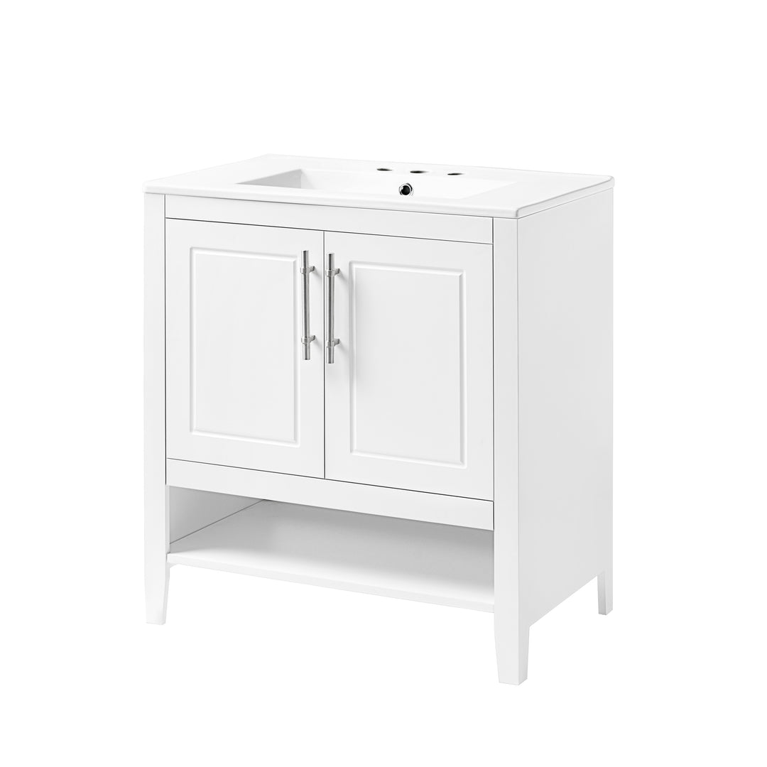 30" Bathroom Vanity with Sink  Multi-functional Bathroom Cabinet with Doors and Drawers Solid Frame and MDF Board, White