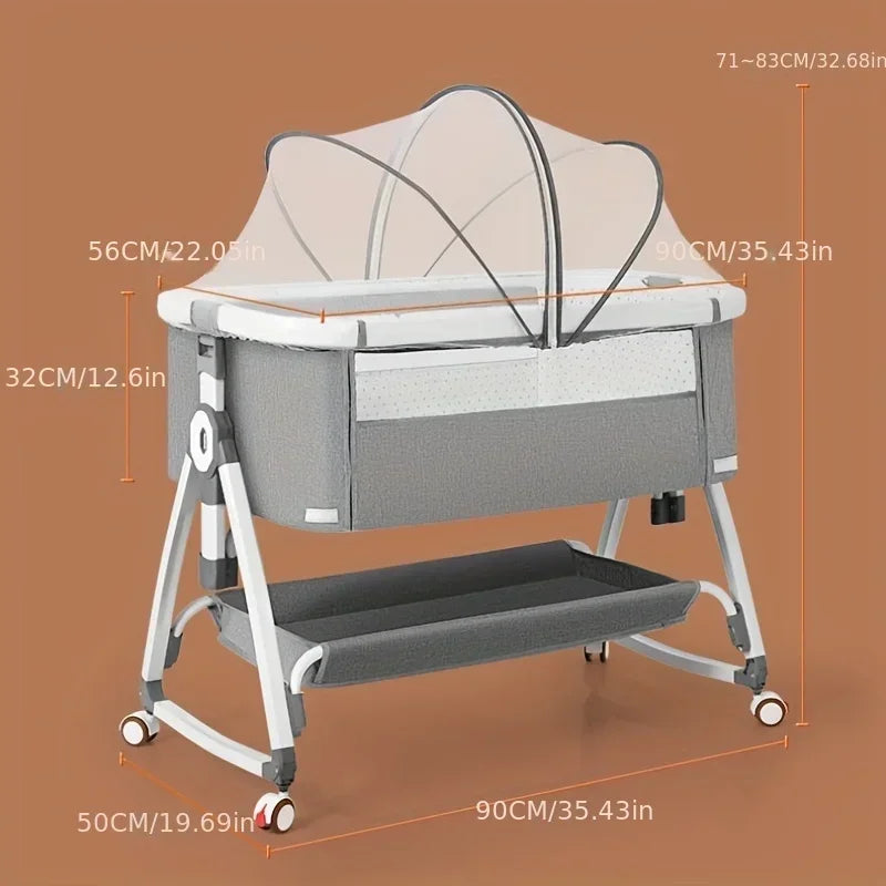 Foldable Baby Crib, Movable Baby Rocking Bed, Spliced Large Bed, Multifunctional, Foldable, Adjustable Height, Spliced