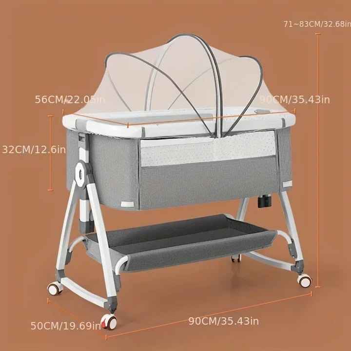 Foldable Baby Crib, Movable Baby Rocking Bed, Spliced Large Bed, Multifunctional, Foldable, Adjustable Height, Spliced