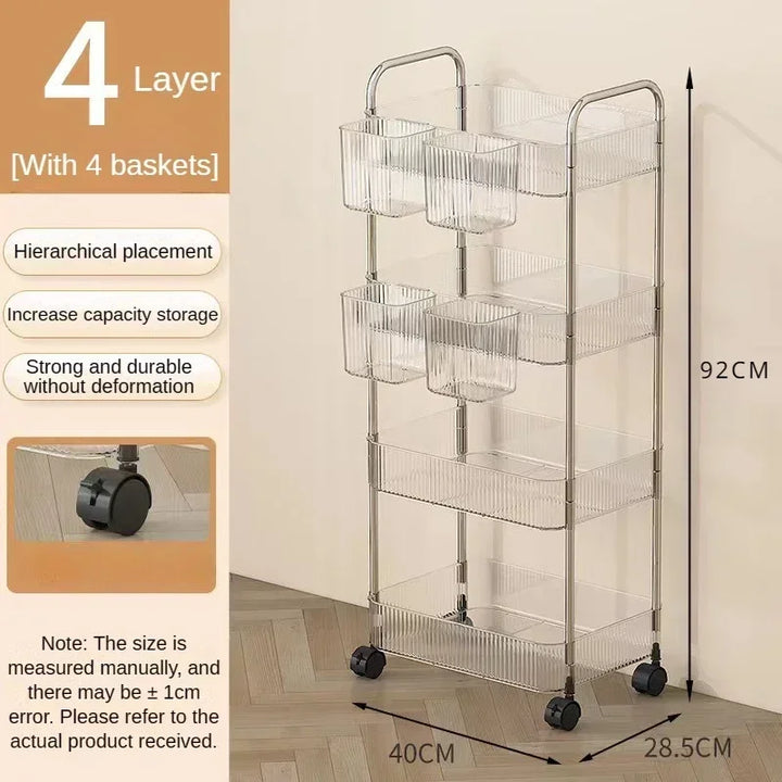 Transparent Storage Rack Trolley Transparent Acrylic Rolling Cart with Hanging Basket Bathroom Acrylic Makeup Bookshelf