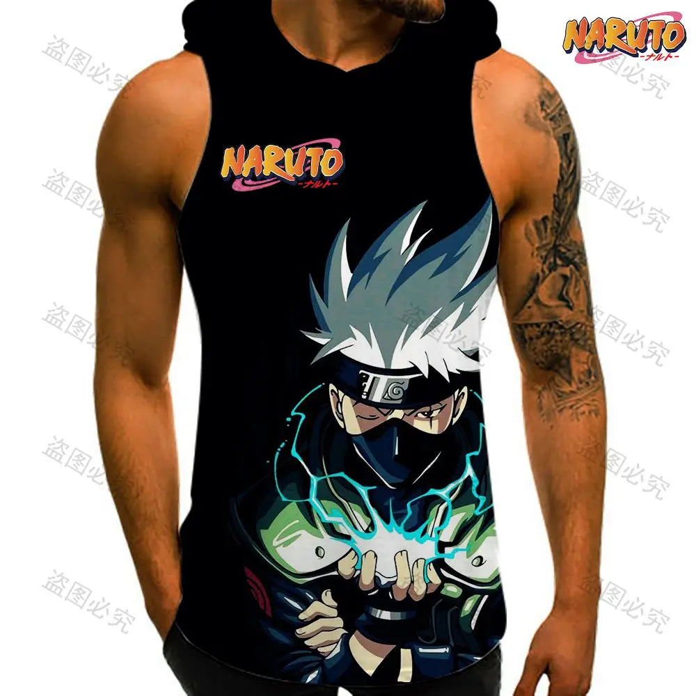 Anime Man Sleeveless Shirt Hooded Vest Trend Men's Clothes Naruto High Quality Gym Clothing 2024 Bodybuilding Fashion T-shirts