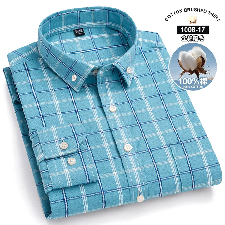 S~7Xl Large Size Men's Classic Brushed Plaid Long-Sleeved Shirt High-Quality Pure Cotton Casual All-Match Shirt Men's Clothing