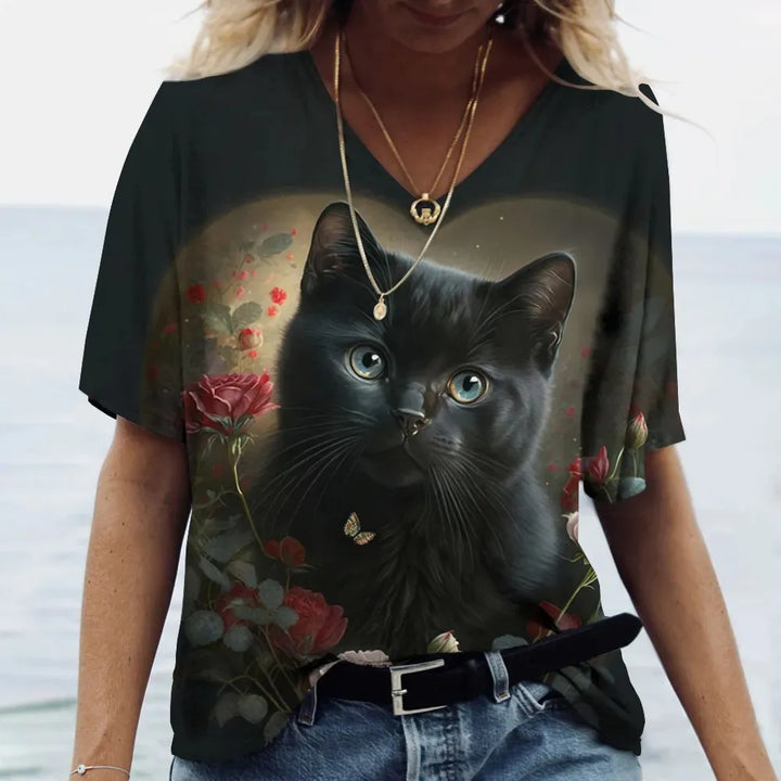 Fashion Women's T-shirt Cat Printed Short Sleeve Female Harajuku Tees Ladies T Shirt Oversized V-neck Tops Animal Women Clothing