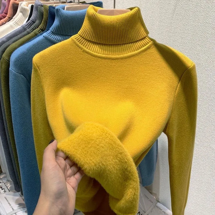 Turtleneck Winter Sweater Women Elegant Thicken Velvet Lined Warm Sueter Knitted Pullover Slim Tops Jersey Knitwear Jumper New