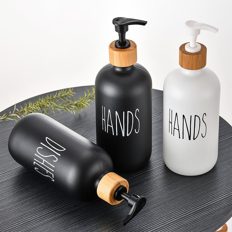 Glass 500ml Boston hand soap pump black and white split bottle wooden cap soap dispenser shampoo bottle