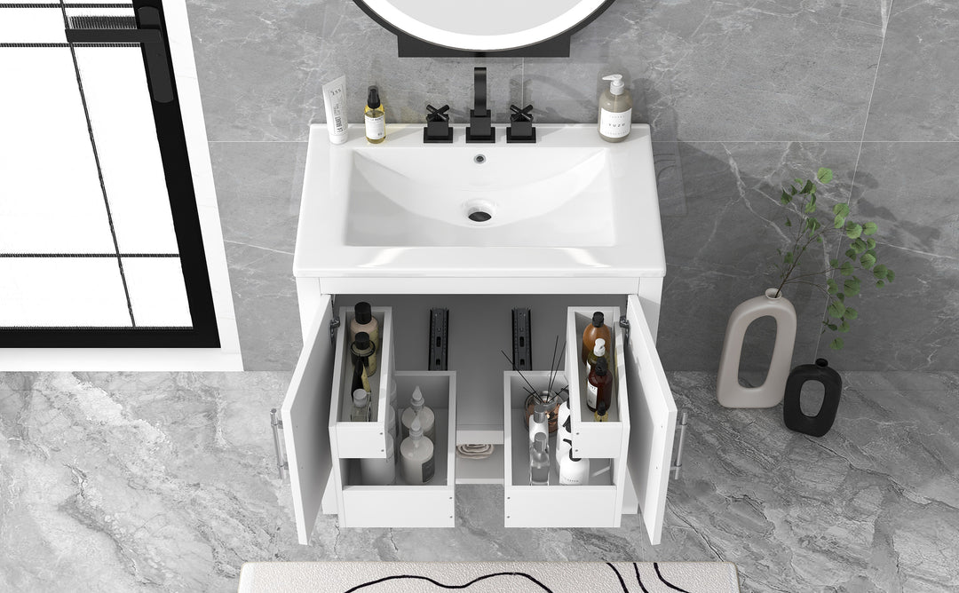 30" Bathroom Vanity with Sink  Multi-functional Bathroom Cabinet with Doors and Drawers Solid Frame and MDF Board, White