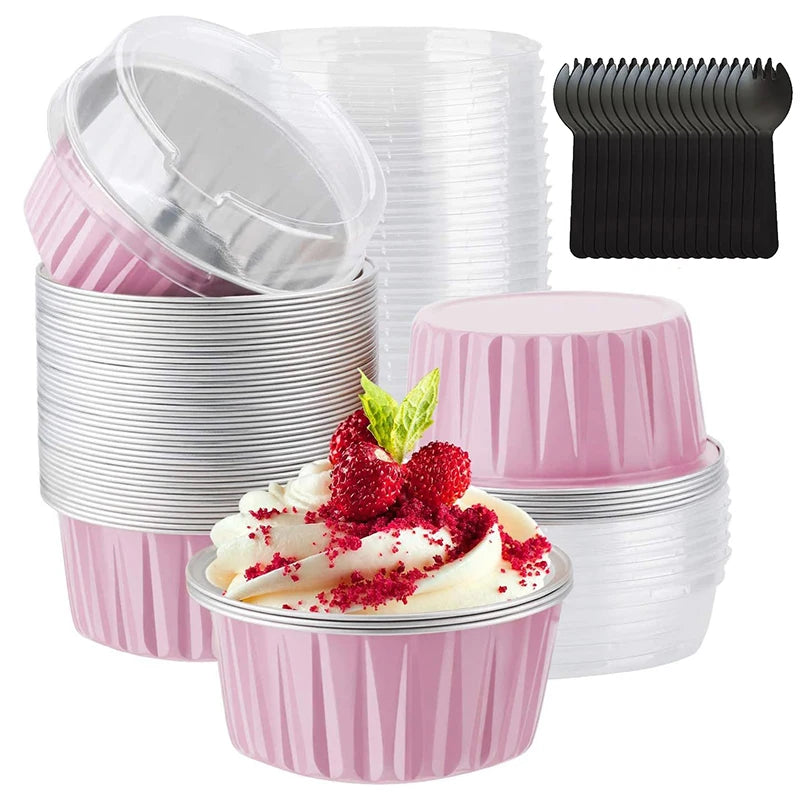 50Pcs Disposable Mini Baking Cups Aluminium Foil Cake Pans With Lids Spoons Heat Resistant Muffin Cake Cup For Gatherings Party