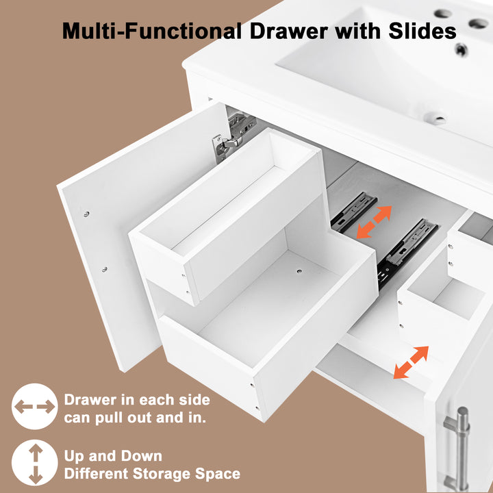 30" Bathroom Vanity with Sink  Multi-functional Bathroom Cabinet with Doors and Drawers Solid Frame and MDF Board, White