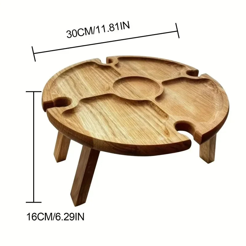 Wooden Folding Picnic Table Outdoor Camp Round Foldable Desk Wine Glass Rack Portable Leisure Time Snack Table Nut Fruit Plate