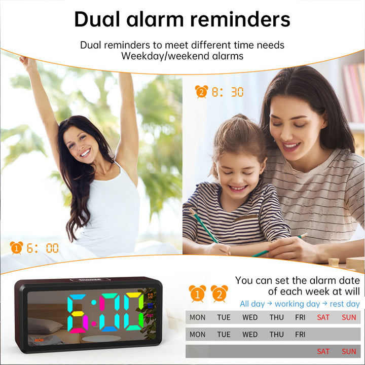 LED Wood-Grain Wooden Clock, RGB Color-Changing Dimming, Daylight Saving Time & Week Display, Desktop Electronic Alarm Clock