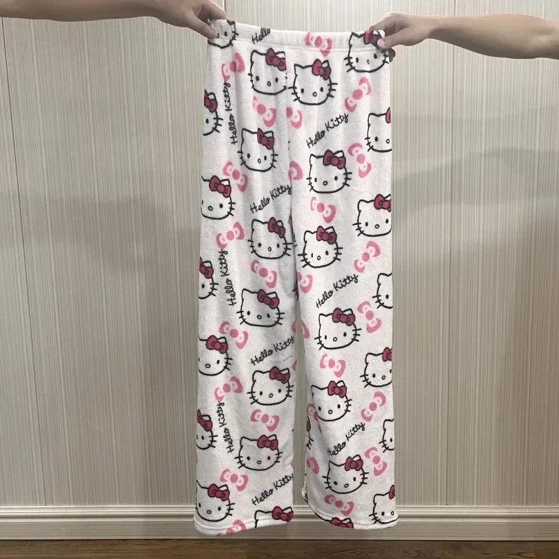 Sanrio Hello Kitty Y2k Kawaii Anime Flannel Pajamas Women'S Warm Woolen Cartoon Casual Home Pants Autumn Winter Fashion Trousers