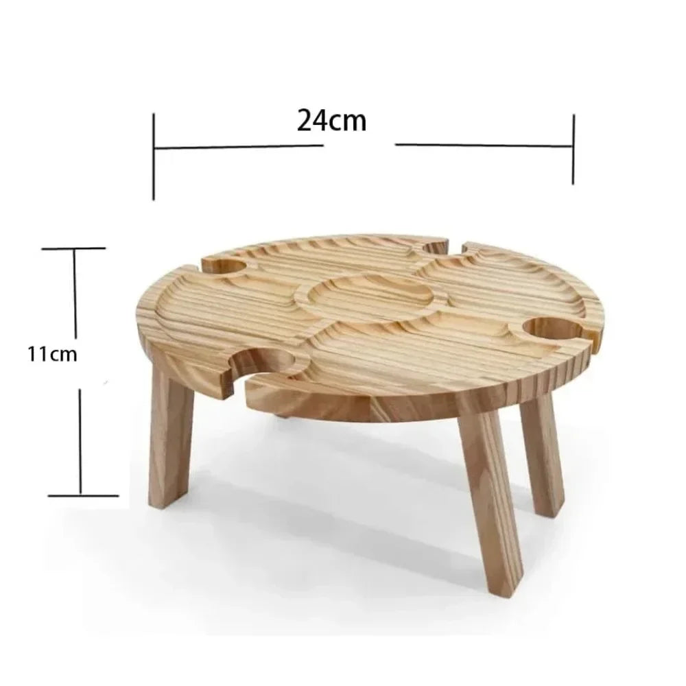 Wooden Folding Picnic Table Outdoor Camp Round Foldable Desk Wine Glass Rack Portable Leisure Time Snack Table Nut Fruit Plate