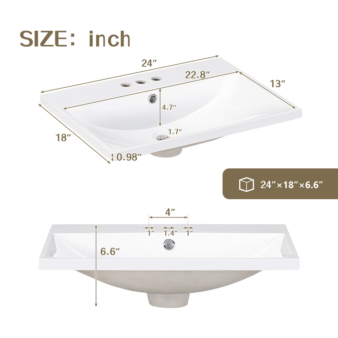 24 Inch Bathroom Vanity Ceramic White Basin Sink With 3 4in Faucet Holes