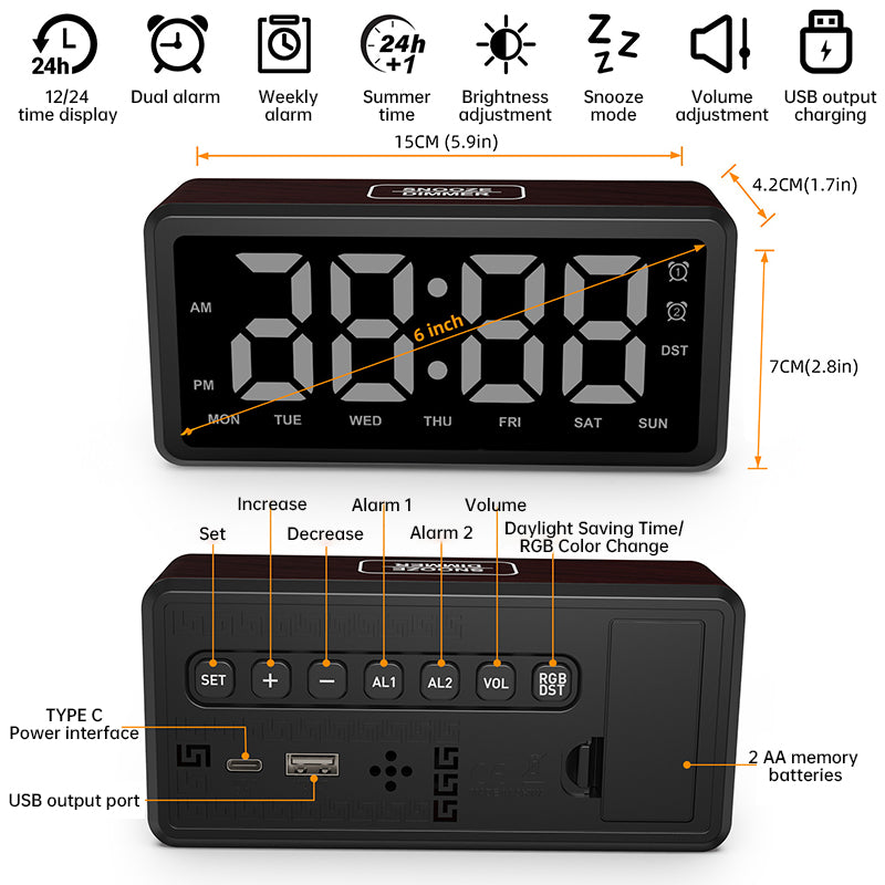 LED Wood-Grain Wooden Clock, RGB Color-Changing Dimming, Daylight Saving Time & Week Display, Desktop Electronic Alarm Clock