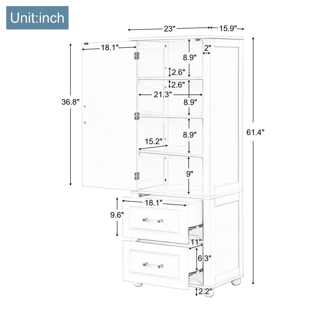 Tall bathroom storage cabinet with two drawers and adjustable shelves for independent storage