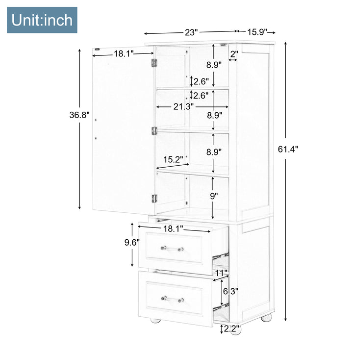 Tall bathroom storage cabinet with two drawers and adjustable shelves for independent storage