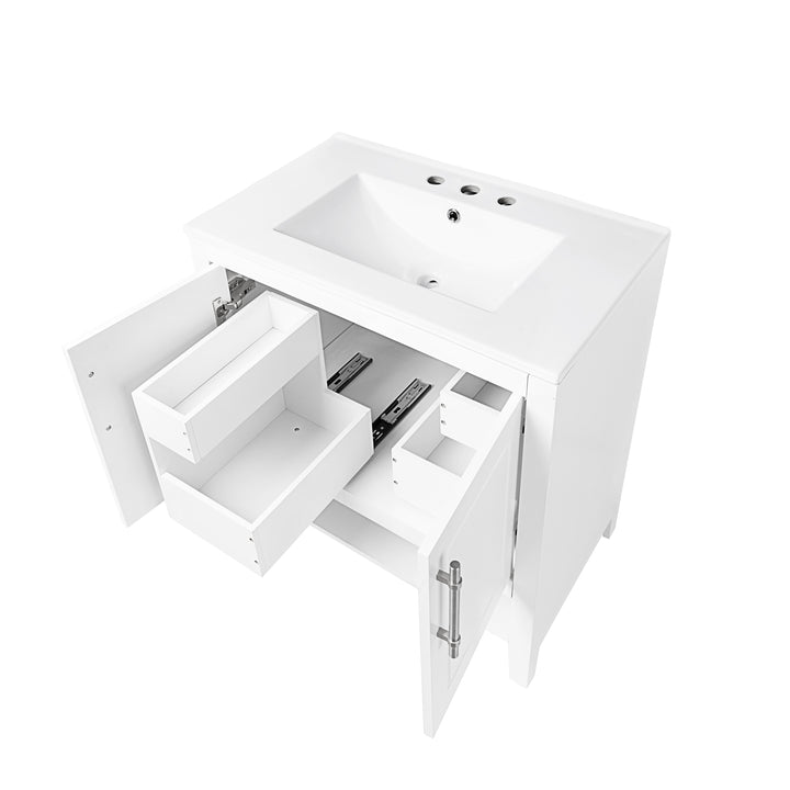 30" Bathroom Vanity with Sink  Multi-functional Bathroom Cabinet with Doors and Drawers Solid Frame and MDF Board, White