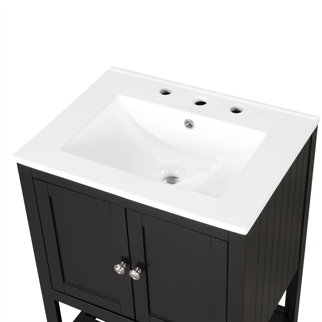 24 inch Modern Black Bathroom Cabinet With Ceramic Sink & Solid Wood Frame